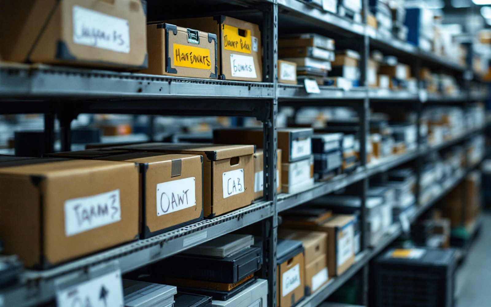 A shelf of development kits with handwritten labels