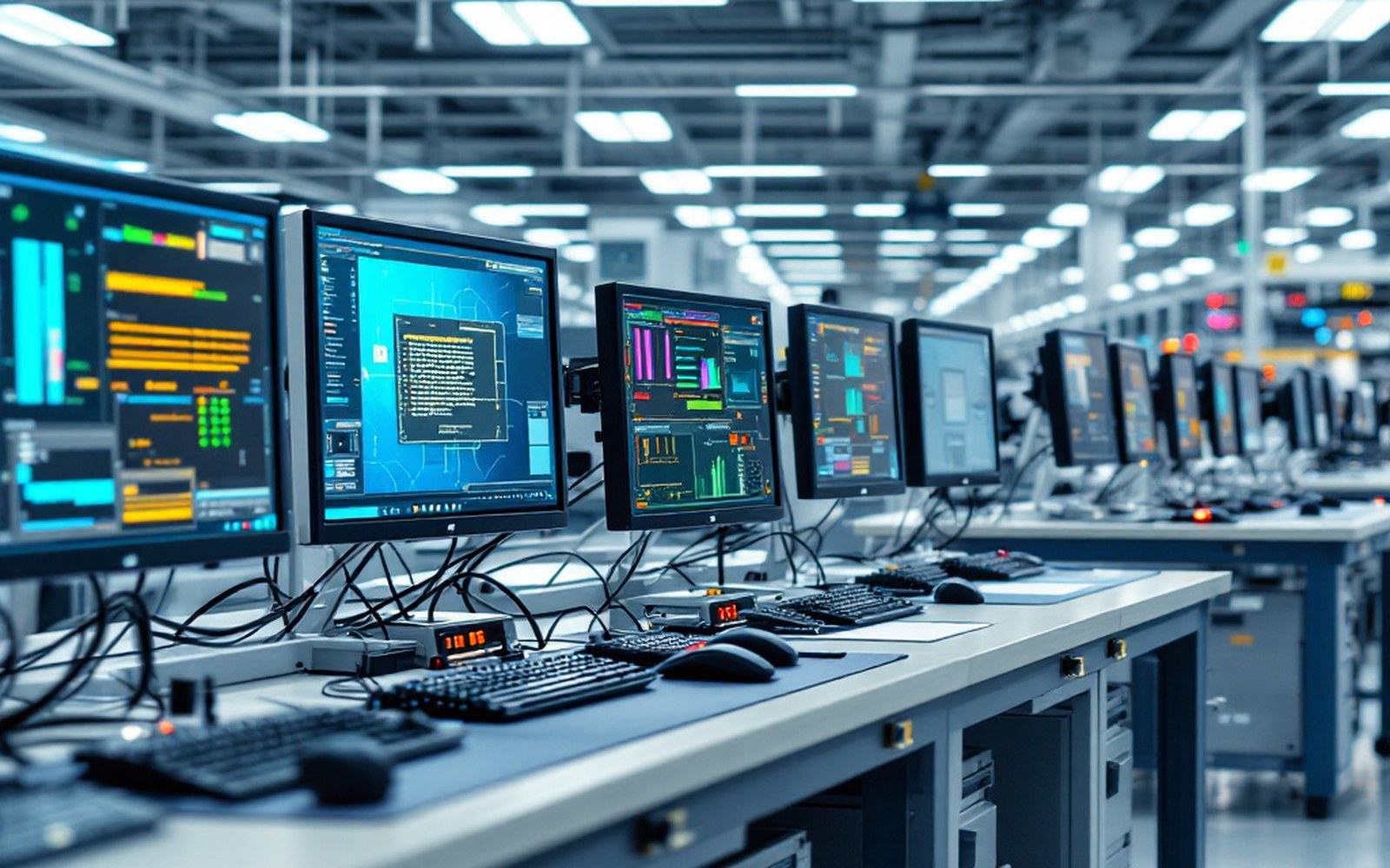 A QA laboratory of identical test stations with monitors and controllers