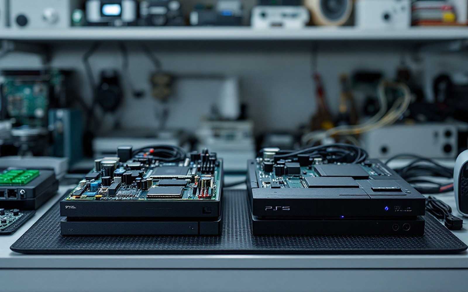 Two generations of console hardware side by side on a shelf