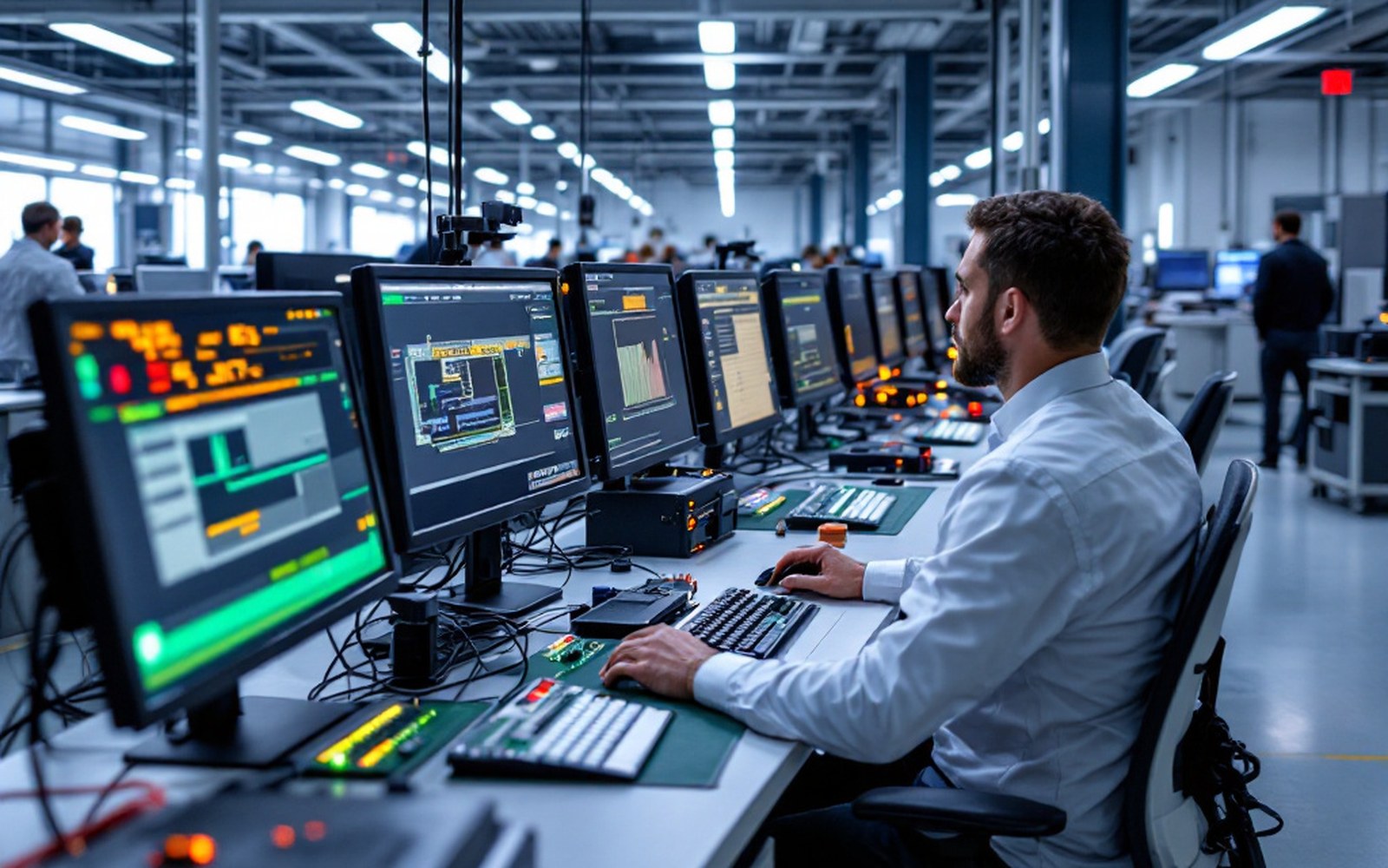 Rows of identical test benches with screens and capture hardware