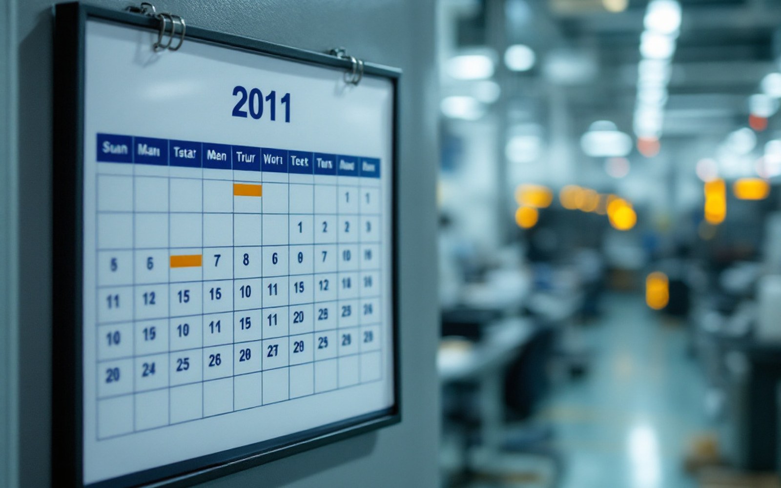 A wall calendar with dates marked beside a test station