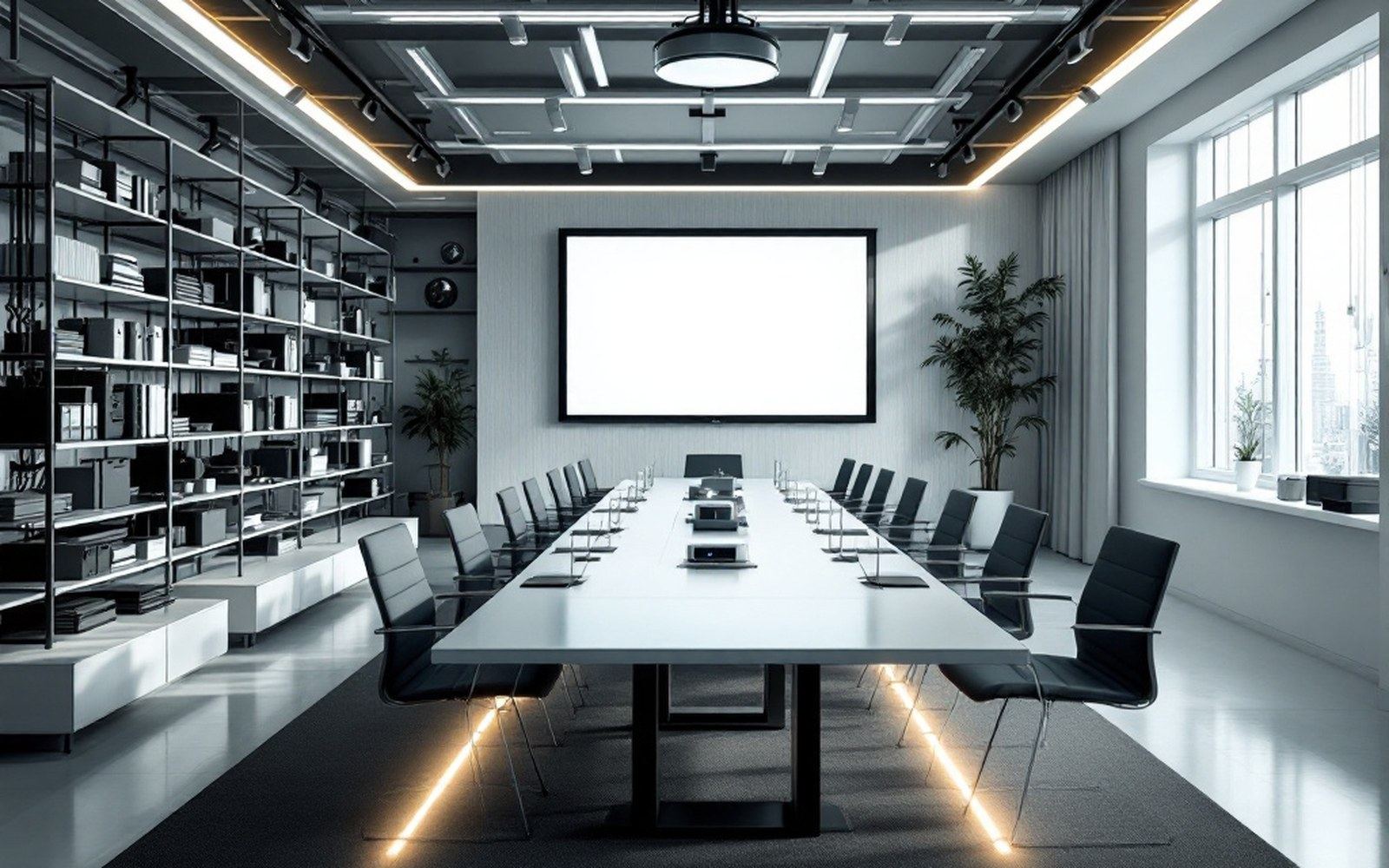 A meeting room with a long table and a projector, no branding