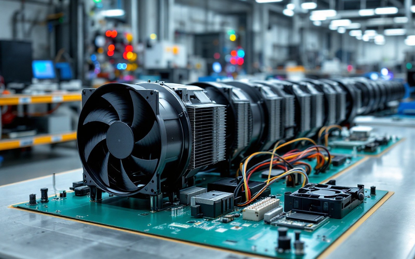 A blower fan and heat pipe assembly removed and laid out