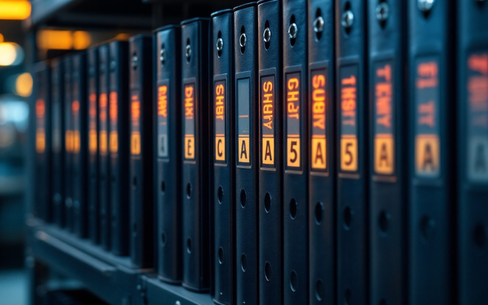 A rack of labelled document binders on an office shelf