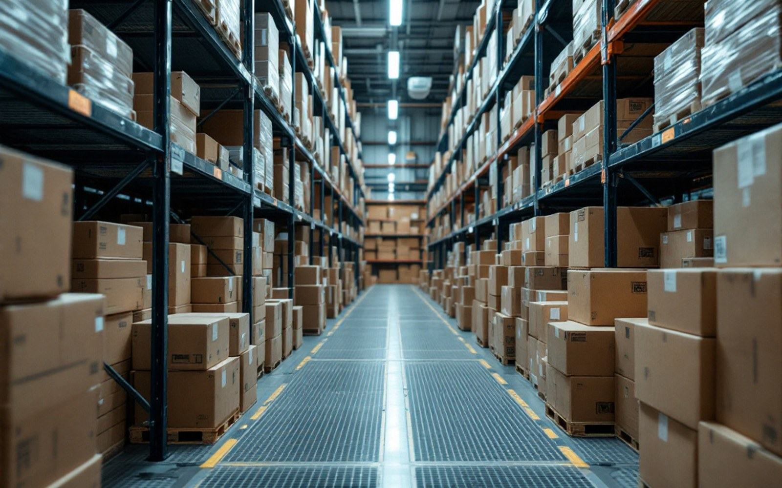 A warehouse aisle of stacked unmarked boxes