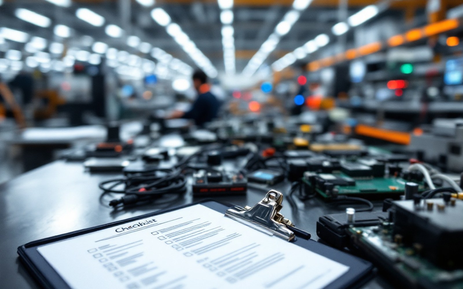 A clipboard of checklist sheets on a test bench