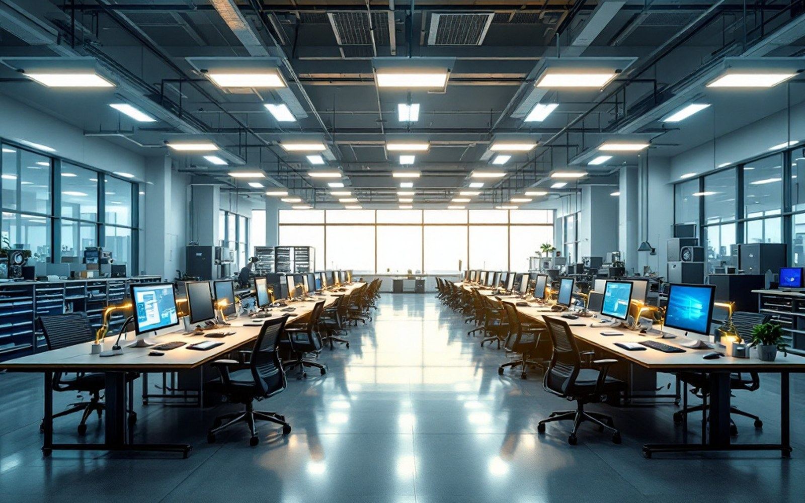 An open-plan development floor with desks and monitors, lights on